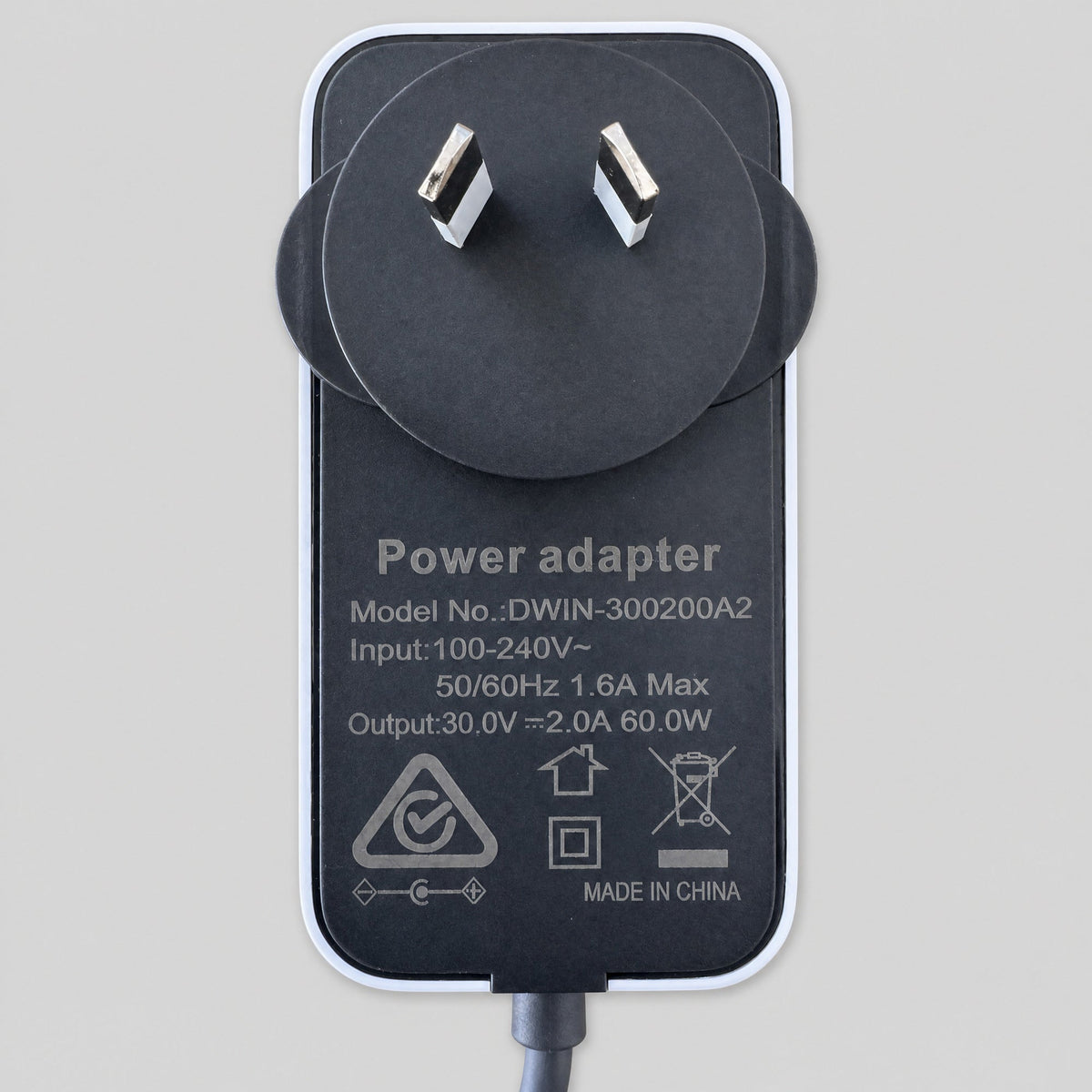 Rear compliance label of the Starlink Mini replacement power supply showing model DWIN-300200A2, 100-240V input and 30V 2A 60W output with RCM mark