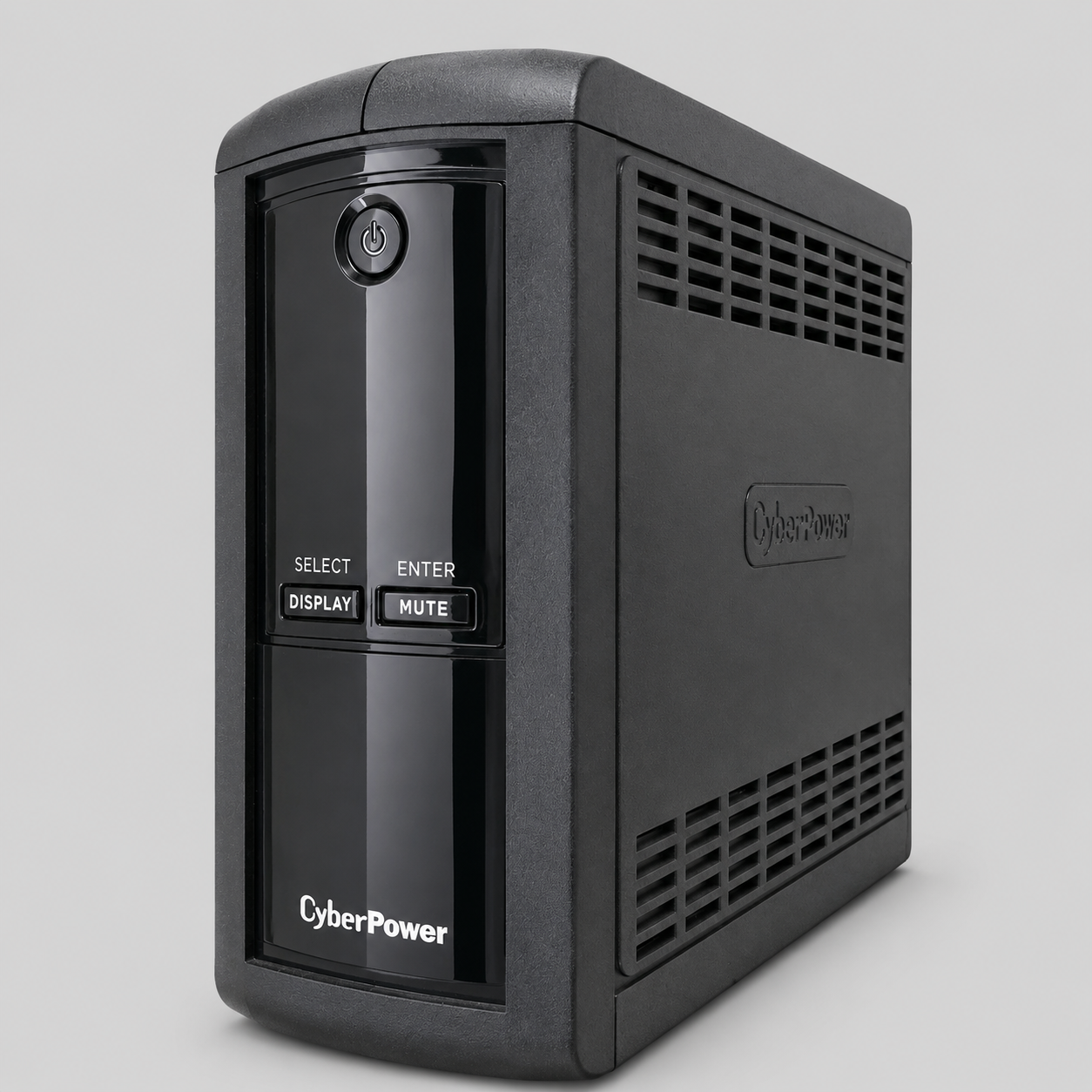 Angled front view of a CyberPower UPS showing the glossy front display panel, power button, and ventilation grilles on a neutral grey background.
