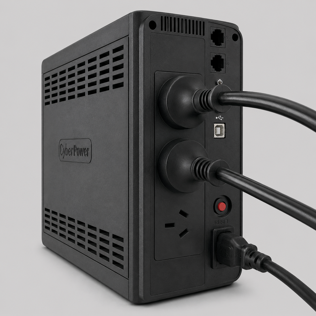 Rear angled view of a CyberPower UPS for Starlink showing power outlets, USB port, reset button, and connected cables on a neutral grey background.