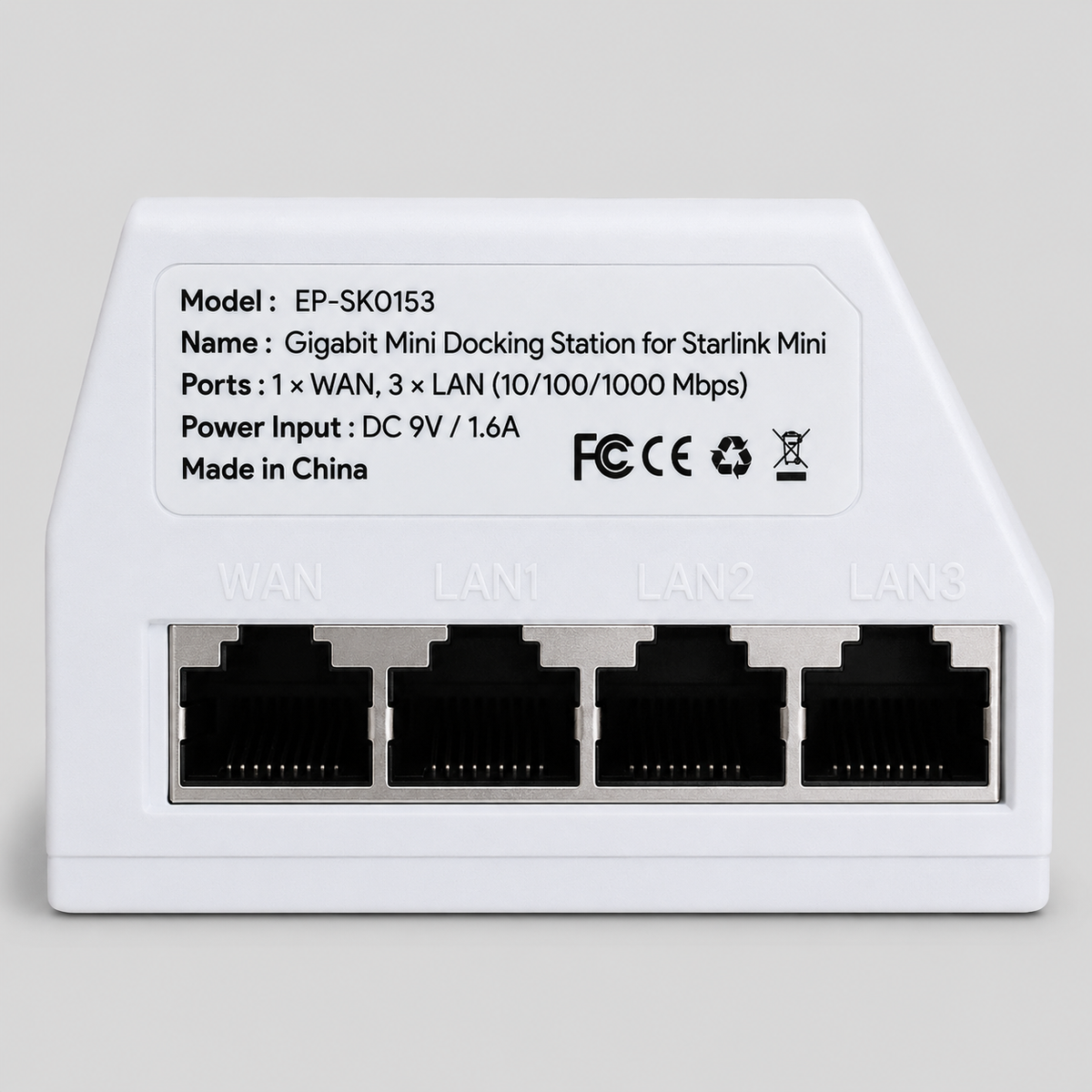 Wall Mount port Replicator for Starlink Router Mini showing specifiactions and data ports