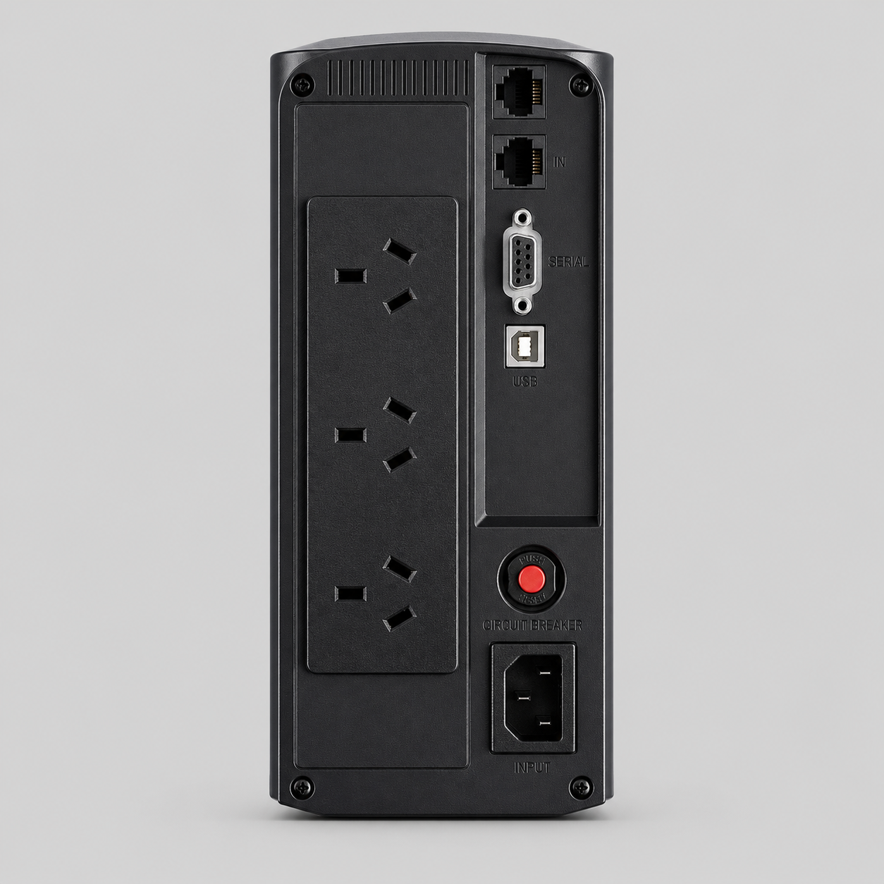 CyberPower Value Pro UPS rear panel with power outlets, USB, serial ports, and circuit breaker