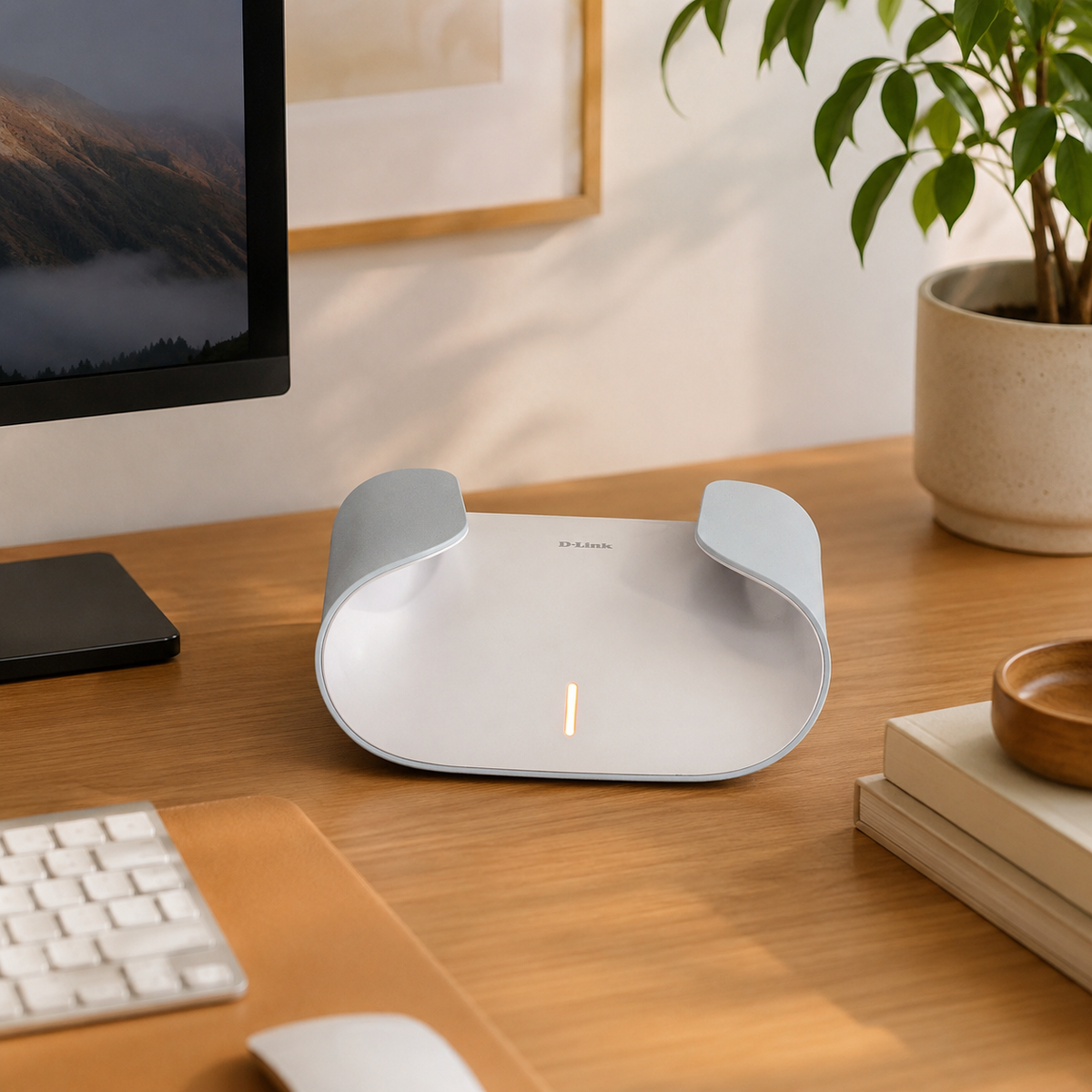 D-Link Aquila Pro AI Wi-Fi 6 Mesh System Dual Pack on a home office desk, providing fast whole-home Wi-Fi coverage and compatible with Starlink internet.