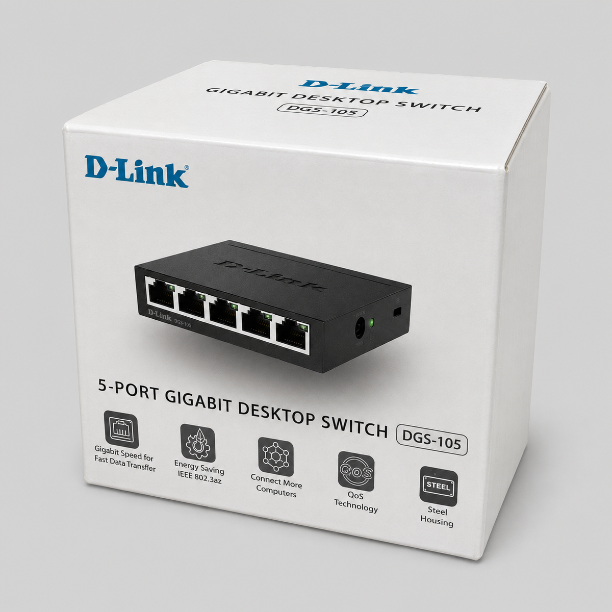 Retail packaging for D-Link DGS-105 unmanaged 5 port gigabit Ethernet switch for Starlink network expansion