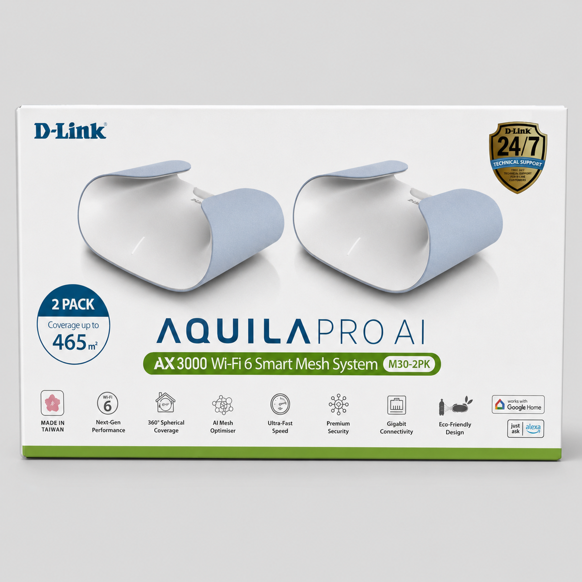 D-Link AX3000 Aquila Pro AI M30-2PK Wi-Fi 6 smart mesh system retail box front view
