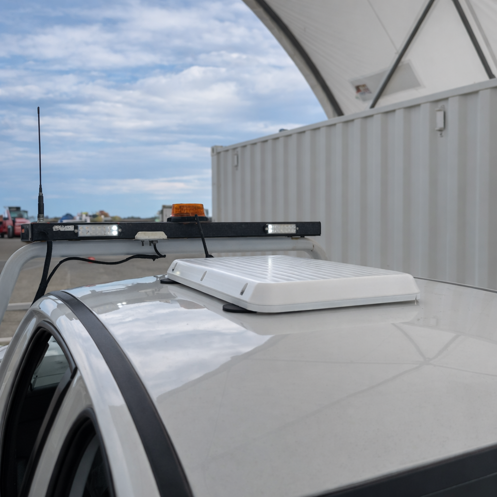 Gen 3 V-Cell rugged enclosure mounted on a vehicle roof with magnets demonstrating real-world installation.