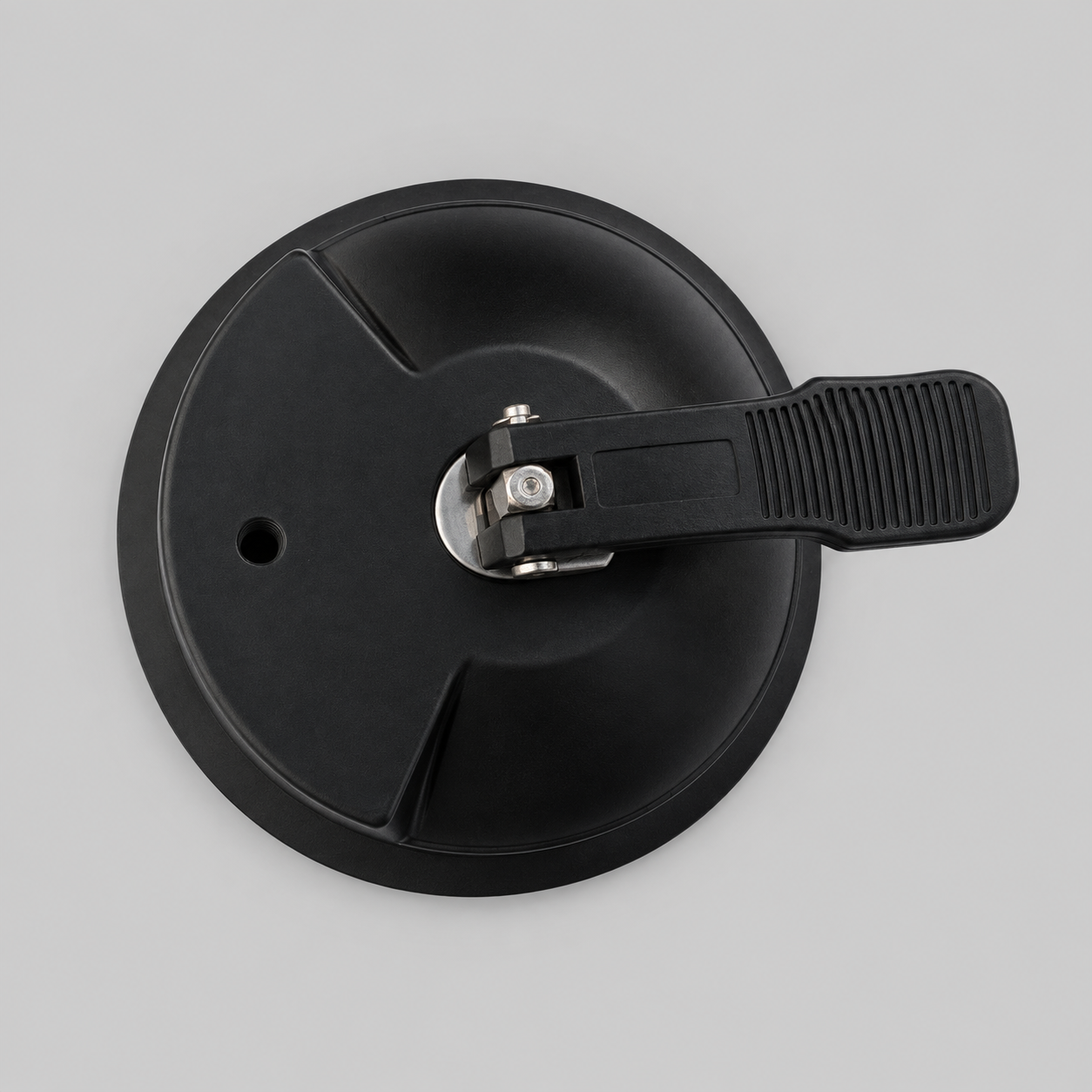 Top view of a heavy-duty 5-inch suction cup featuring an integrated locking lever and M8 female threaded mounting point