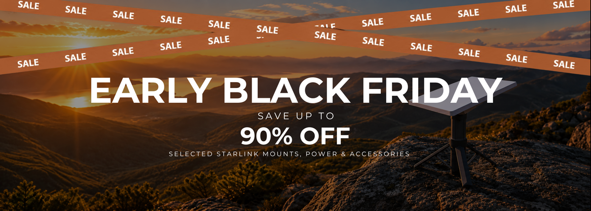 Spacetek Australia Early Black Friday Sale offering up to 90% off selected Starlink mounts, power and accessories, featuring a Starlink Mini on a Spacetek portable tripod with battery power.