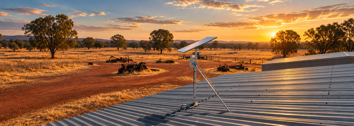 Starlink Gen 3 dish installed on a Spacetek aluminium roof mount on a corrugated metal roof in rural Australia.