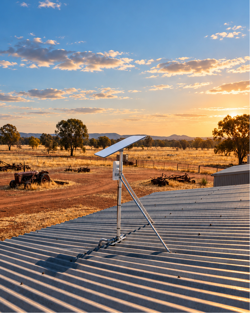 Starlink Gen 3 dish installed on a Spacetek aluminium roof mount on a corrugated metal roof in rural Australia.