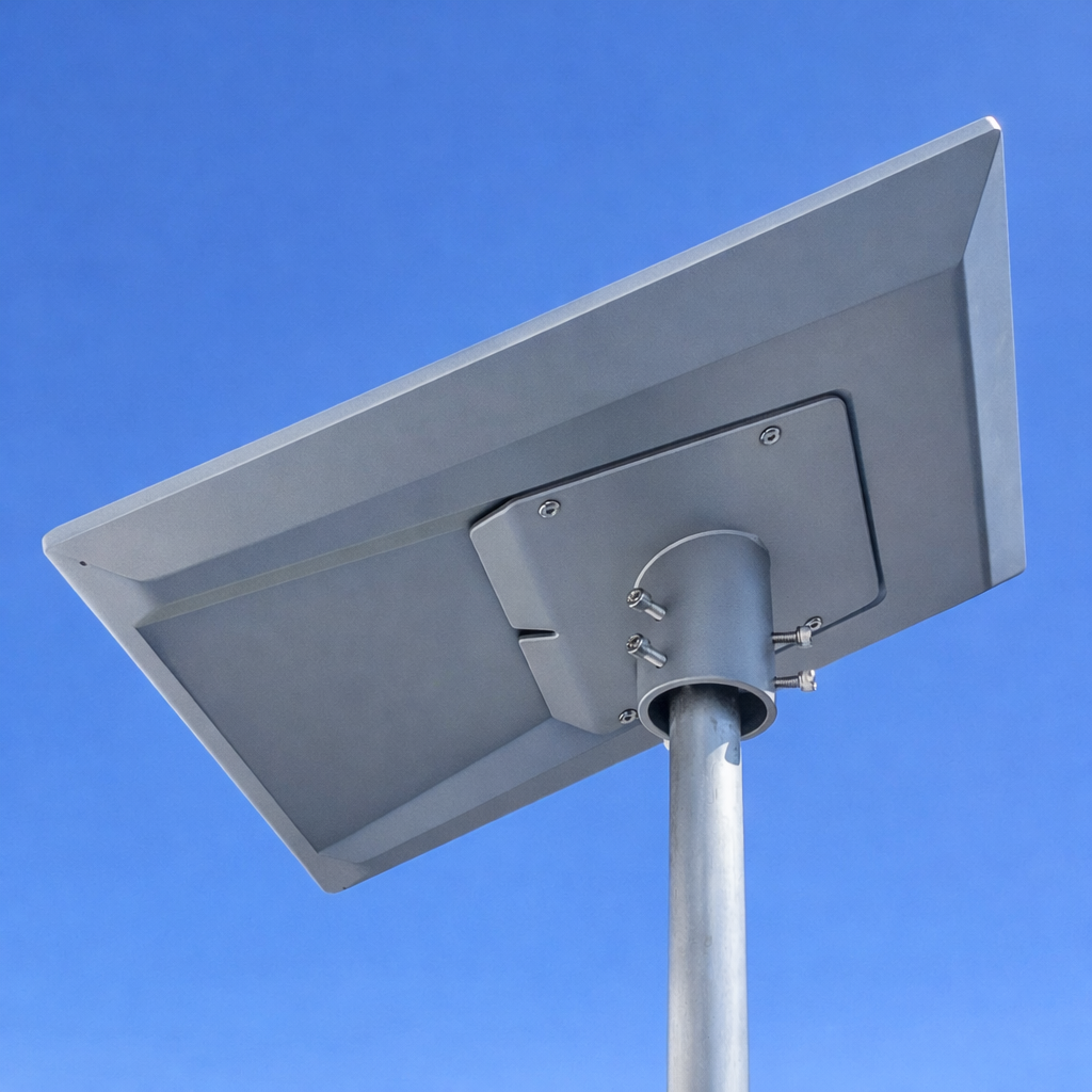 Bottom view of Starlink Performance Gen 3 dish mounted using Spacetek aluminum pole adapter β close-up on bracket and bolts.