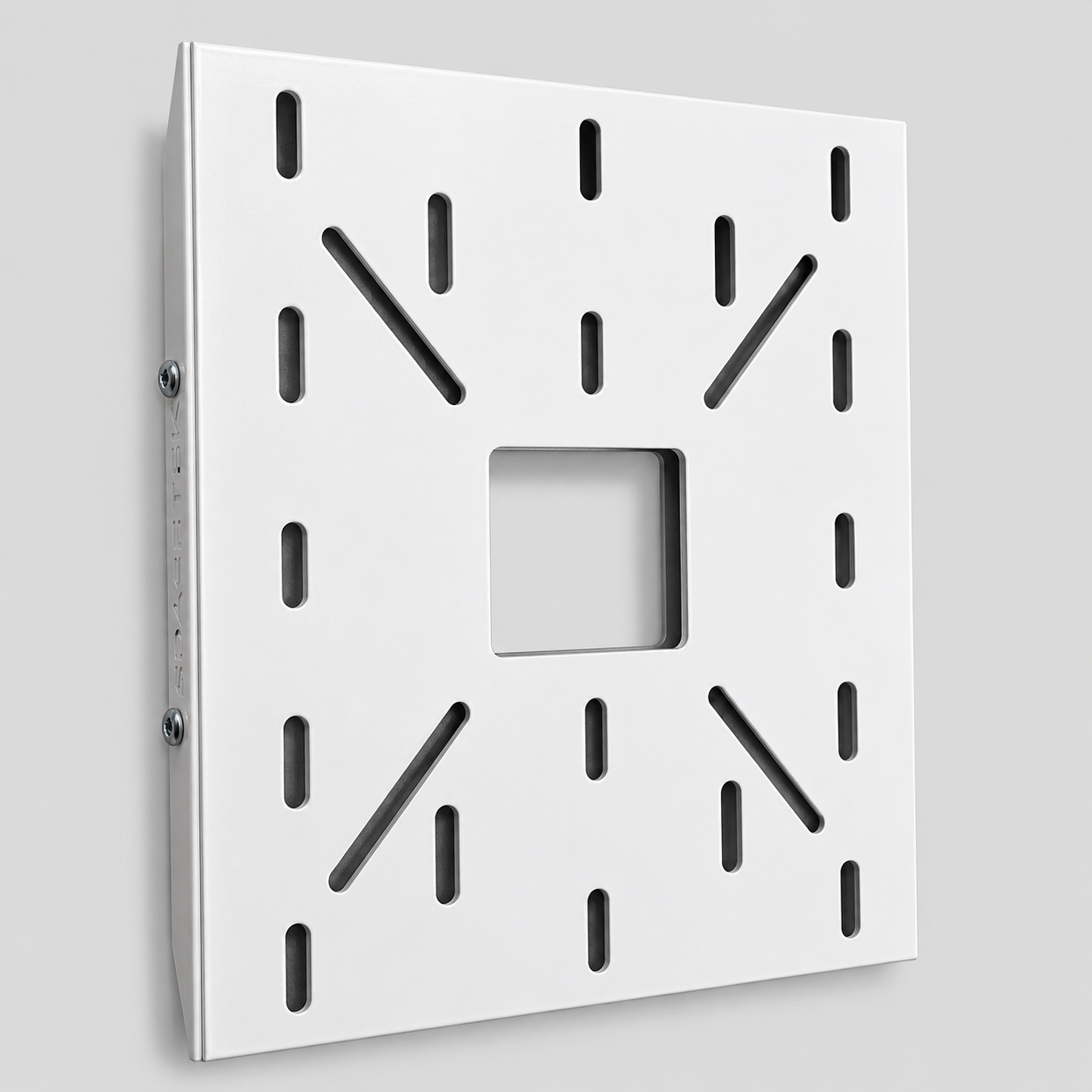 White Spacetek Starlink Mini Stealth Mount front angled view with slotted aluminium mounting plate and central cutout