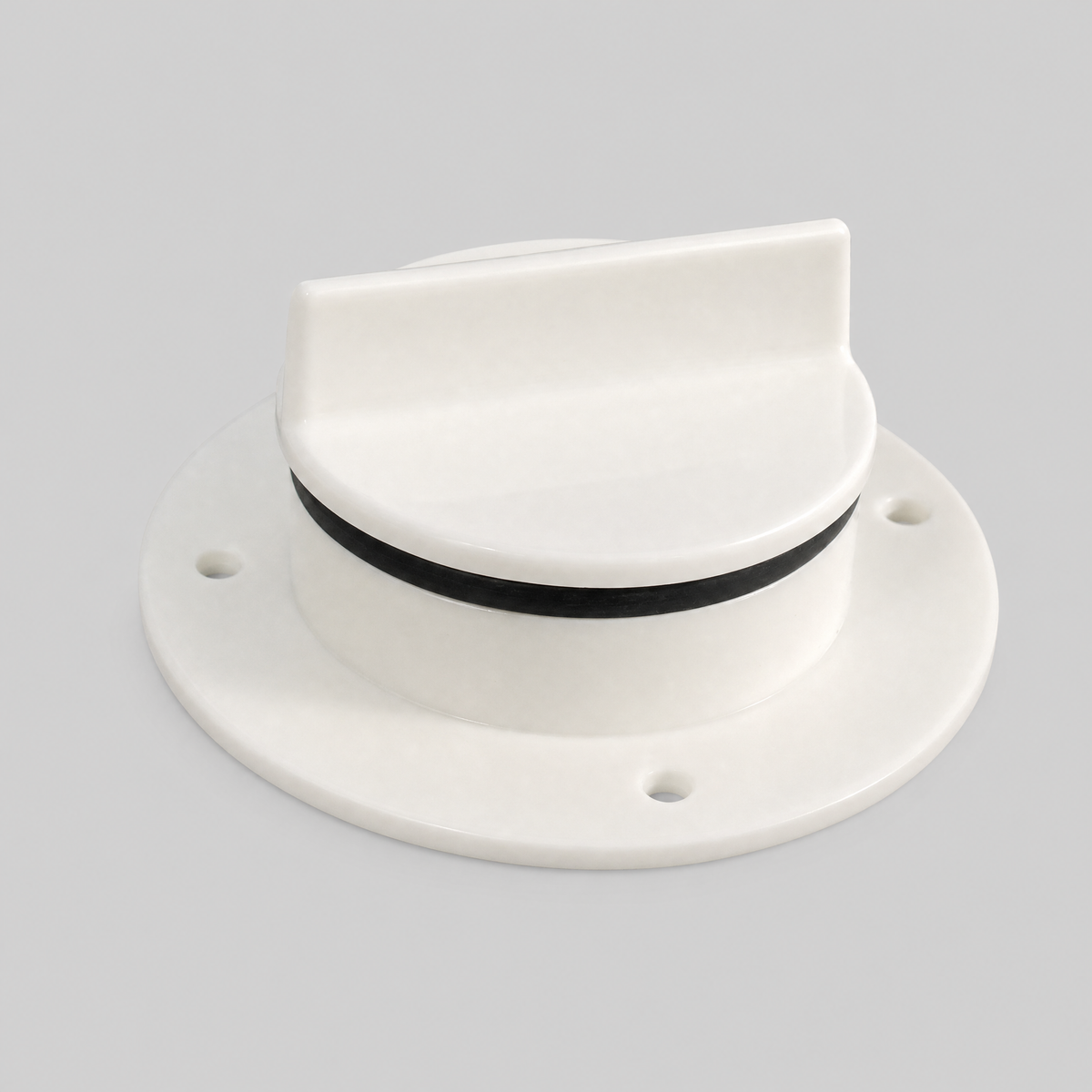 White weather-resistant cable access bung with screw cap, rubber seal and mounting holes for Starlink caravan and RV cable entry