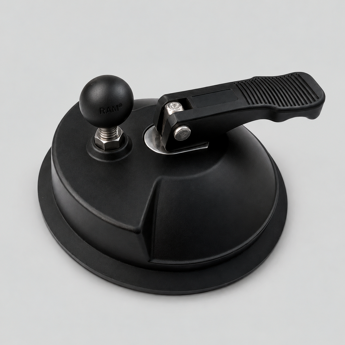 Heavy duty 5 inch suction mount with M8 RAM-style ball and locking lever for accessories