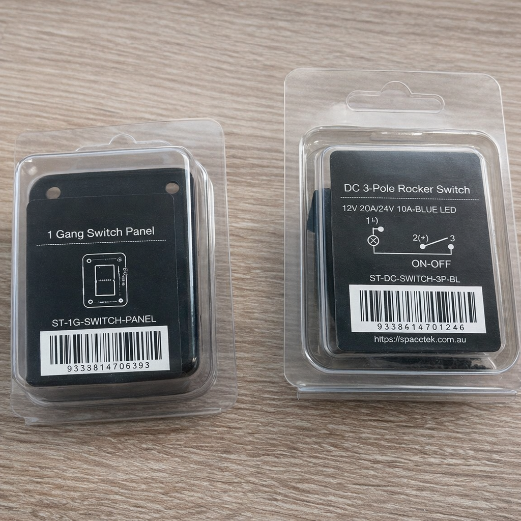 Starlink 3 pole rocker switch retail packaging with product labeling and barcode