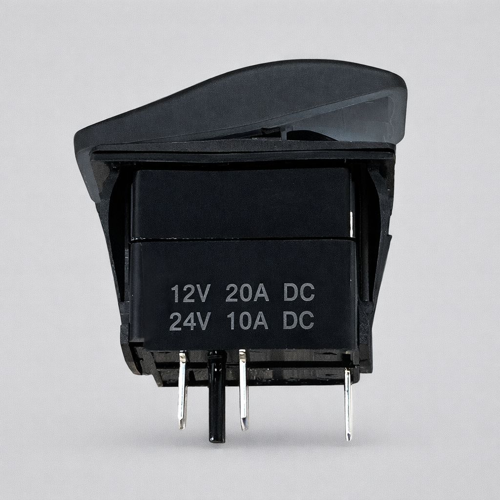 Side view of Starlink 3 pole rocker switch showing terminals and 12V 24V rating label