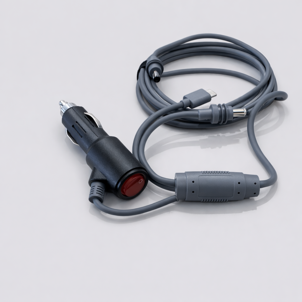 Coiled Starlink Mini 3-in-1 DC power cable for 12V cigarette outlet with inline fuse and USB-C output
