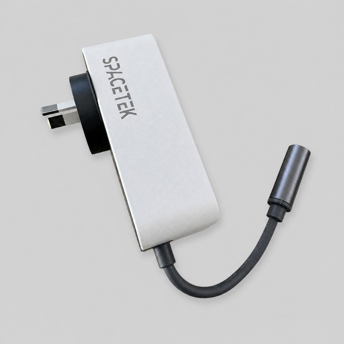 White Starlink Mini replacement AC power supply with Spacetek logo, folded AU/NZ plug and DC output cable