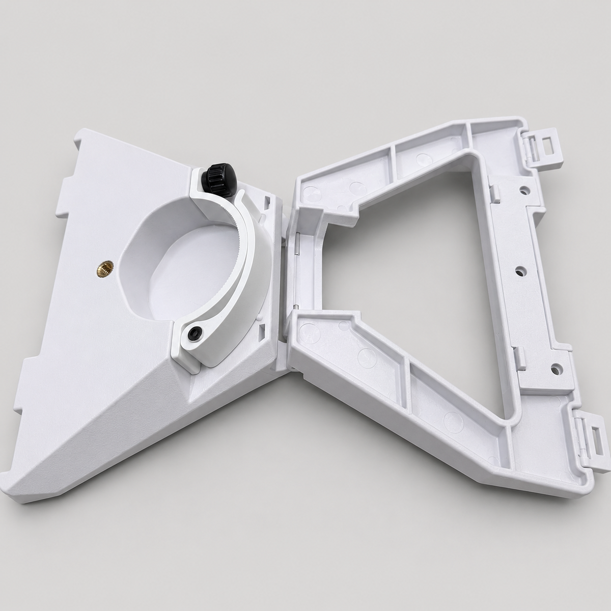 Starlink Mini Combination Kickstand adaptor with the integrated pole clamp open, showing the mounting mechanism