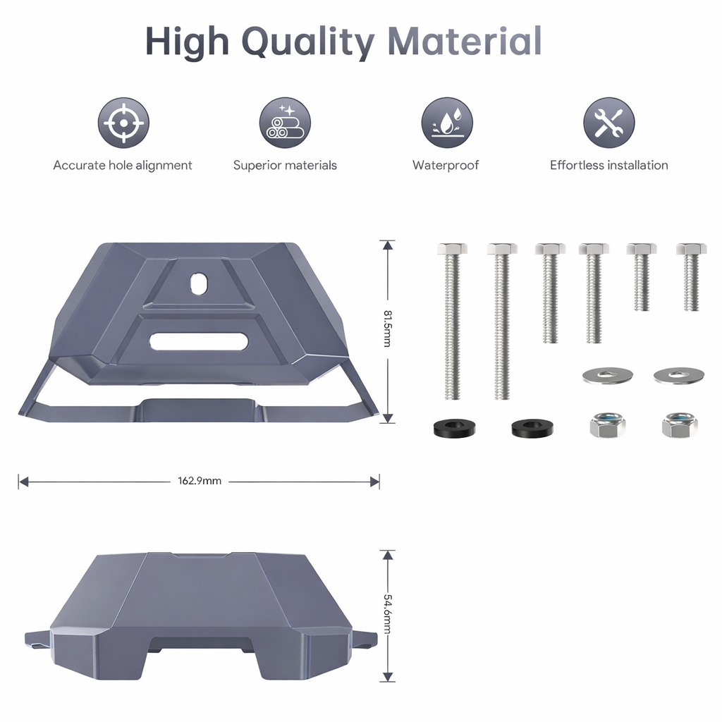 Starlink Mini mobility mount kit with mounting bracket, bolts, washers, nuts and antenna mounting plate on grey background