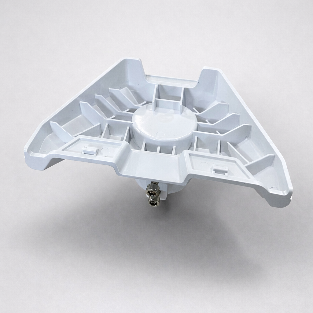 Underside of Starlink Mini pole adapter showing reinforced ABS plastic rib structure