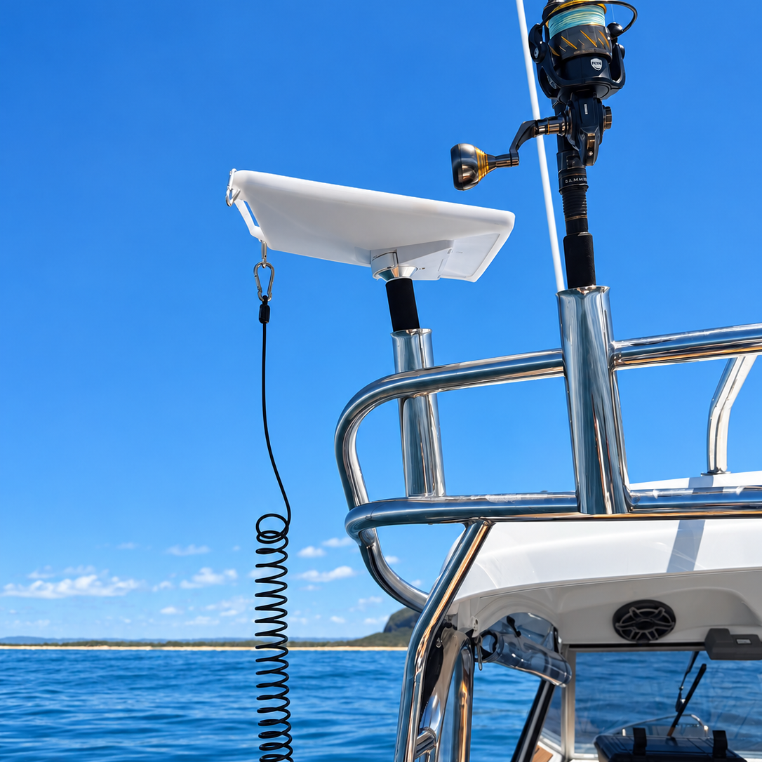 Starlink Mini with silicone protective cover and safety tether mounted in a stainless steel rod holder on a boat using the Spacetek Starlink Mini Stainless Steel Rod Holder