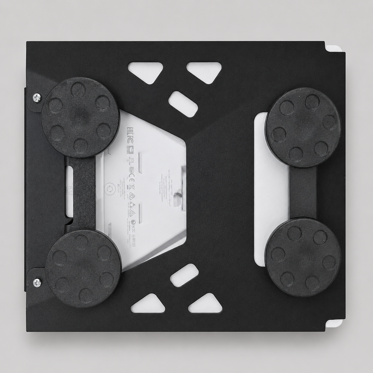Bottom view of the Starlink Mini Vehicle Magnet Mount in carbon steel displaying the structural cut-outs and four 65mm (2.5 inch) rubber-coated magnets.