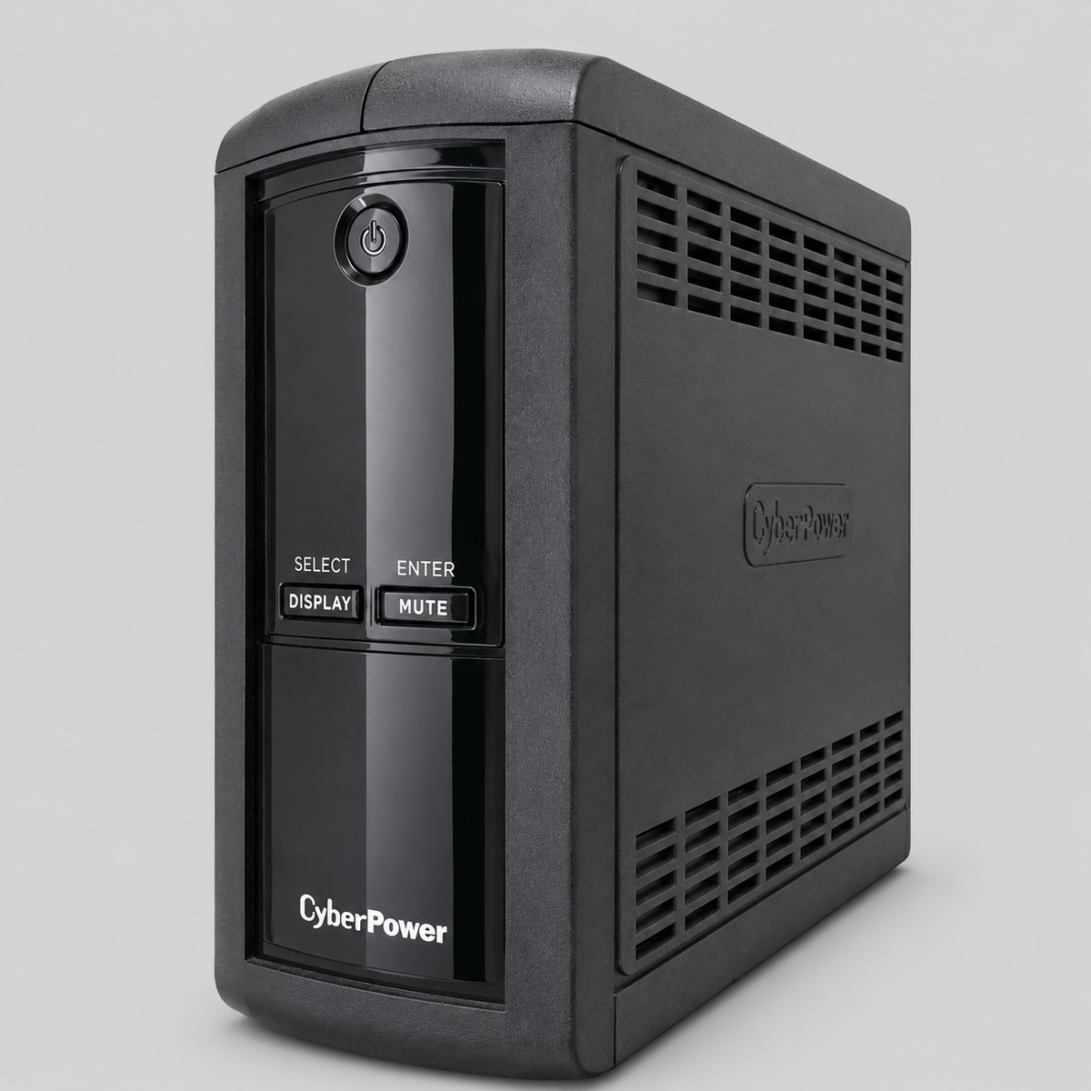 Angled front view of a CyberPower UPS showing the glossy front display panel, power button, and ventilation grilles on a neutral grey background.