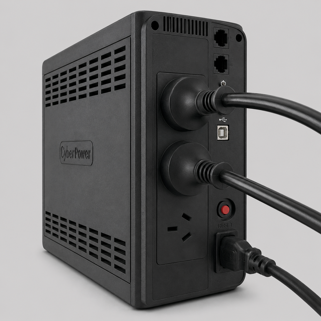 Rear angled view of a CyberPower UPS for Starlink showing power outlets, USB port, reset button, and connected cables on a neutral grey background.