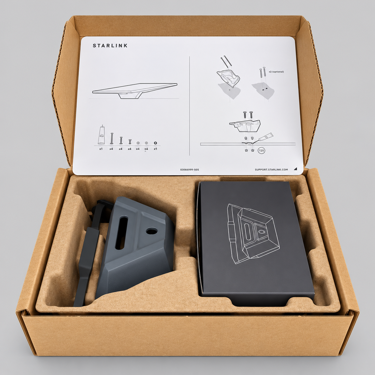 Official Starlink Mini Mobility Mount kit in open packaging, showing the mounting bracket, accessories and installation instructions