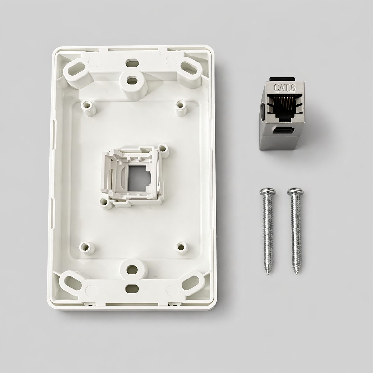 CAT6 RJ45 wall plate front face with Ethernet port, keystone jack, and mounting screws
