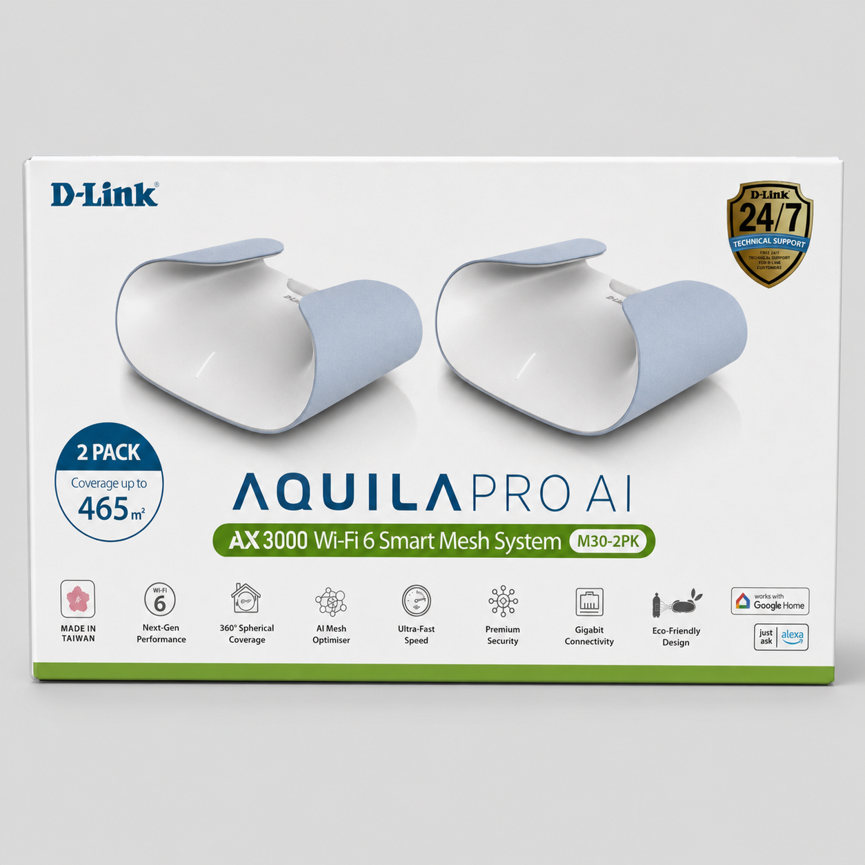 D-Link AX3000 Aquila Pro AI M30-2PK Wi-Fi 6 smart mesh system retail box front view