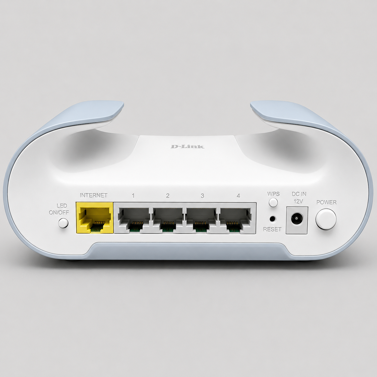 Rear view of D-Link AX3000 M30-2PK mesh router showing ethernet ports, power input and reset button
