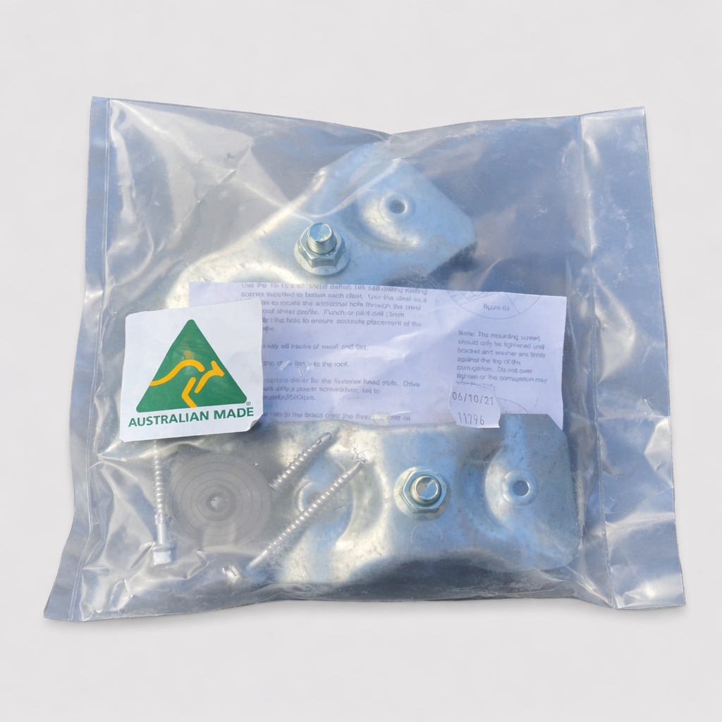Duo cleat bracket kit packaged in clear bag with Australian Made label showing brackets, screws and washers