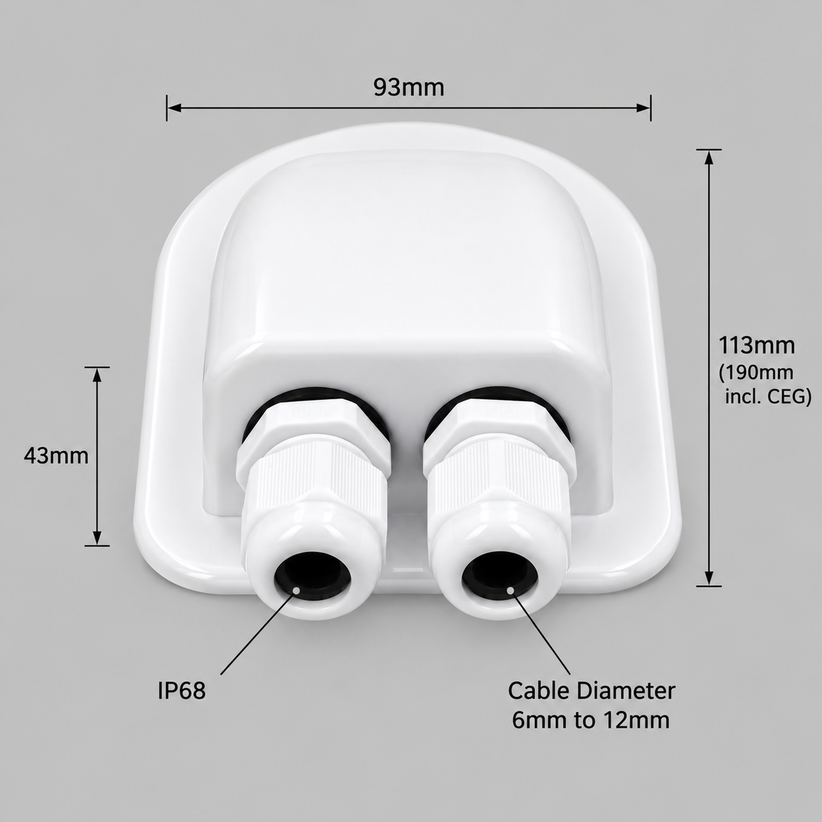 Front view of white IP68 double cable entry module featuring two waterproof cable glands for secure roof or side cable routing