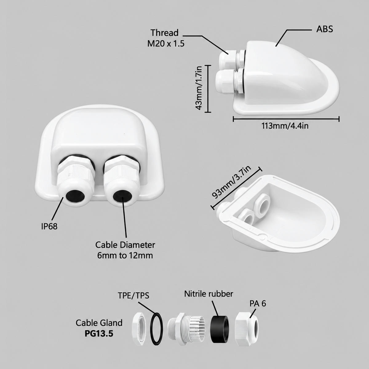 Technical diagram of IP68 double cable entry module showing dimensions, ABS housing, waterproof cable glands and 6–12mm cable compatibility