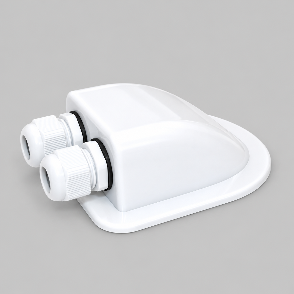White IP68 double cable entry module with two waterproof cable glands, designed for routing cables through roofs and side panels