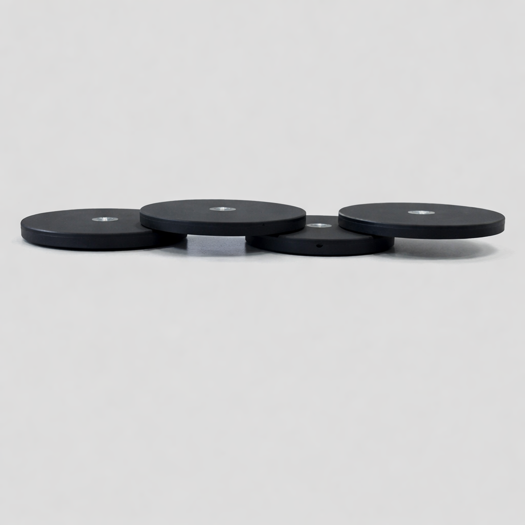 Low side profile of M8 threaded rare earth magnets for Starlink mounting, showing rubber-coated body and metal threaded core