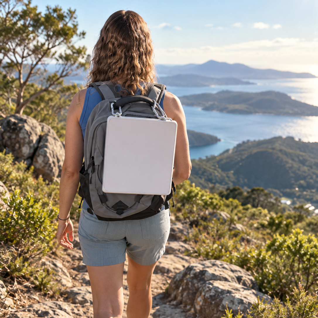 Silicone Starlink case attached to a hiking backpack overlooking a coastal mountain landscape.