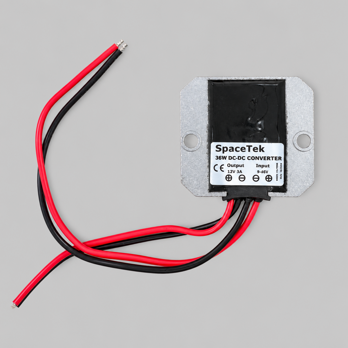 Spacetek 36W DC-DC converter with 12V 3A output and red and black power leads