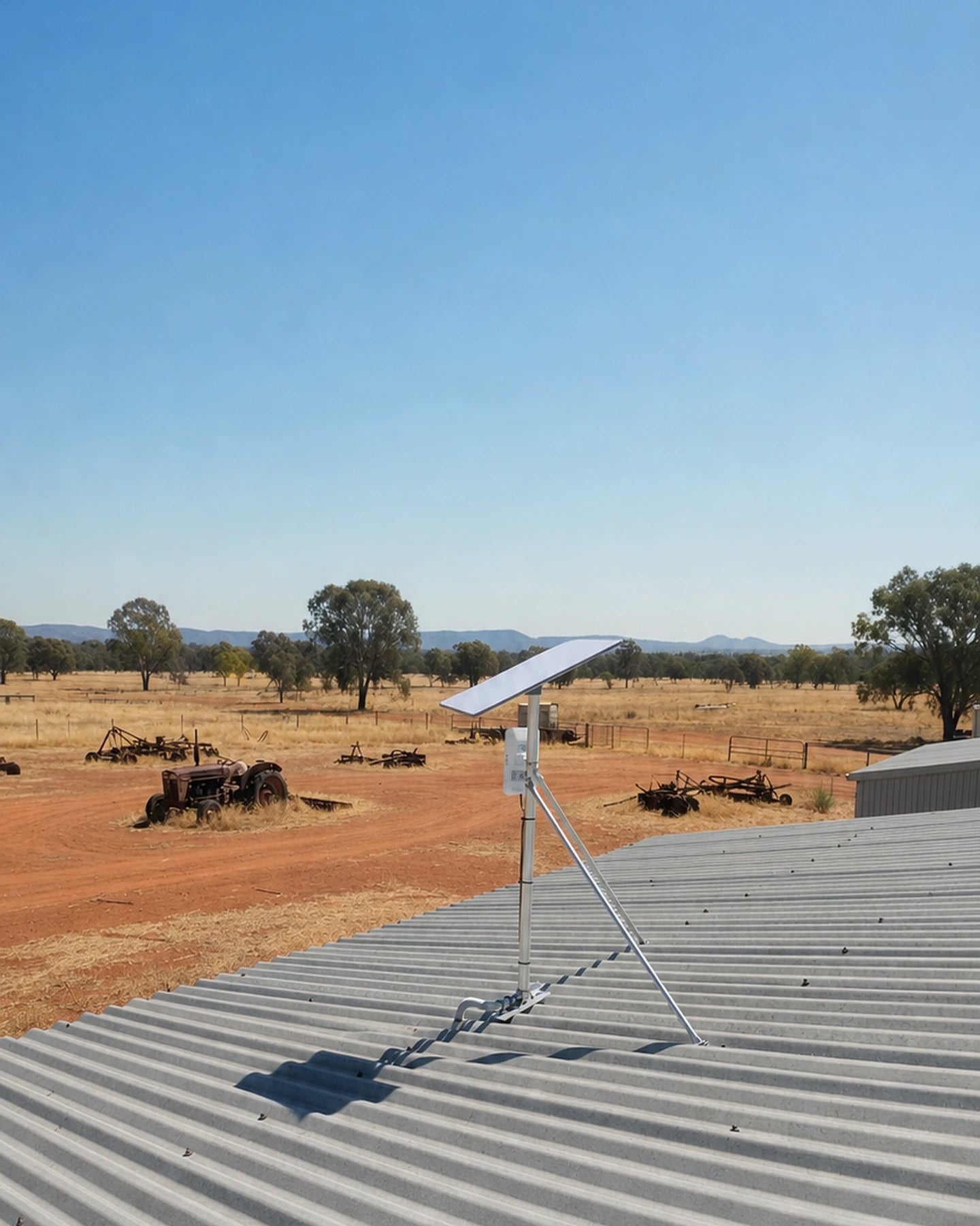Starlink Gen 3 mounted on a Spacetek roof mount in rural Australian scenery