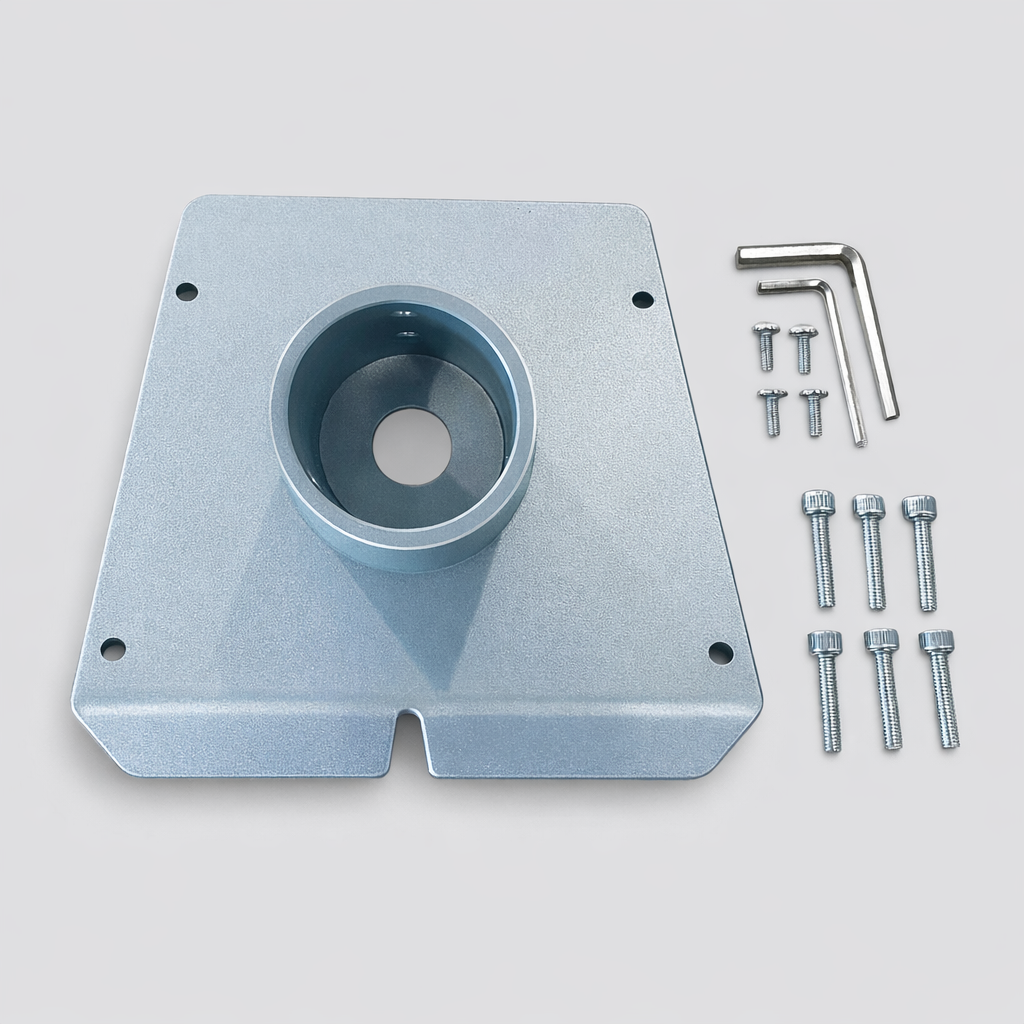 Spacetek Pole Mount Adapter kit for Starlink Performance Gen 3 – front view showing CNC-machined bracket, bolts, and hex keys