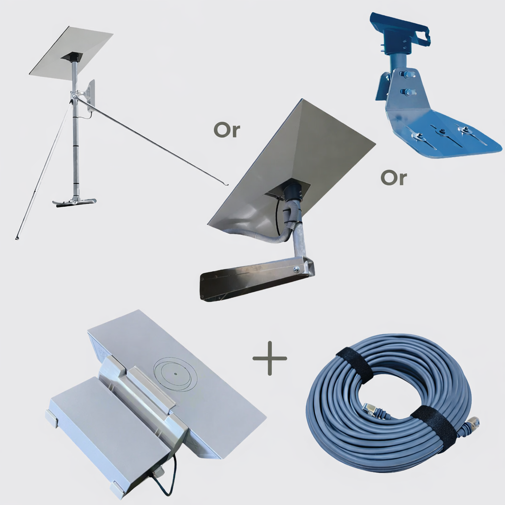 Starlink Standard Gen 3 / V4 home installation bundle with roof mount, 15m CAT6 cable, RJ45 joiner, indoor wall plate and Router 3 wall holder