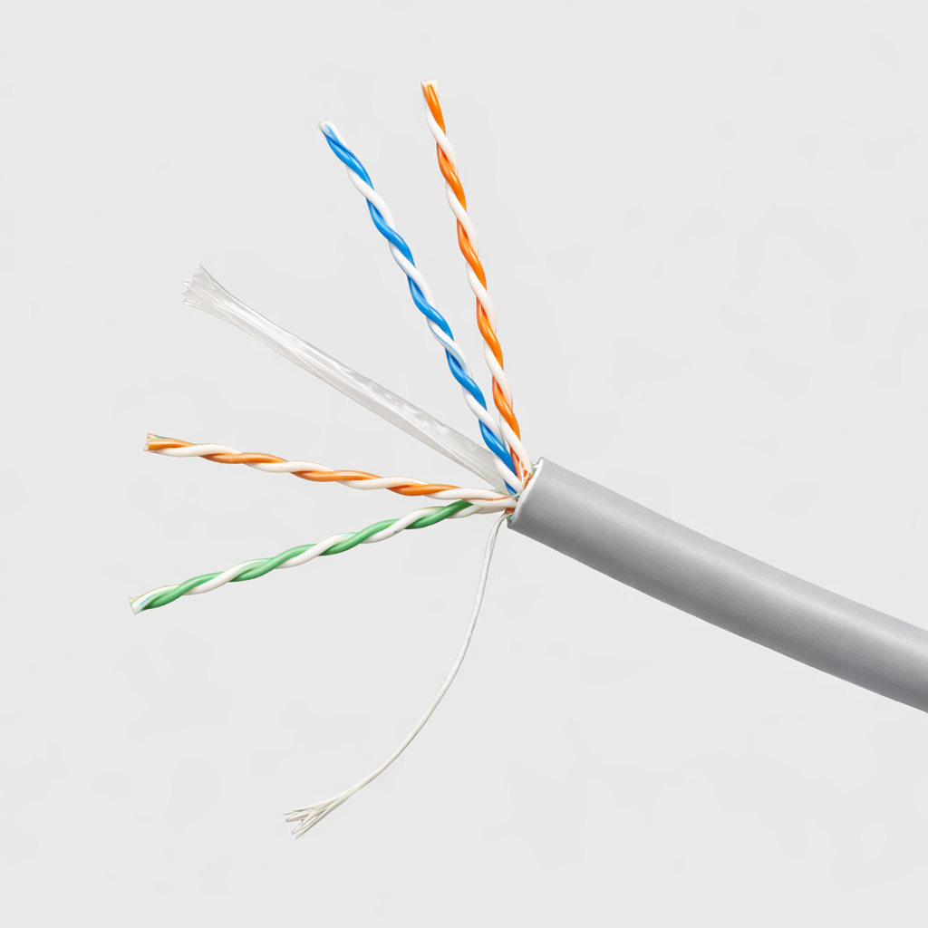 Close-up of stripped Spacetek CAT6a Starlink Gen 3 replacement cable with twisted pairs and separator visible