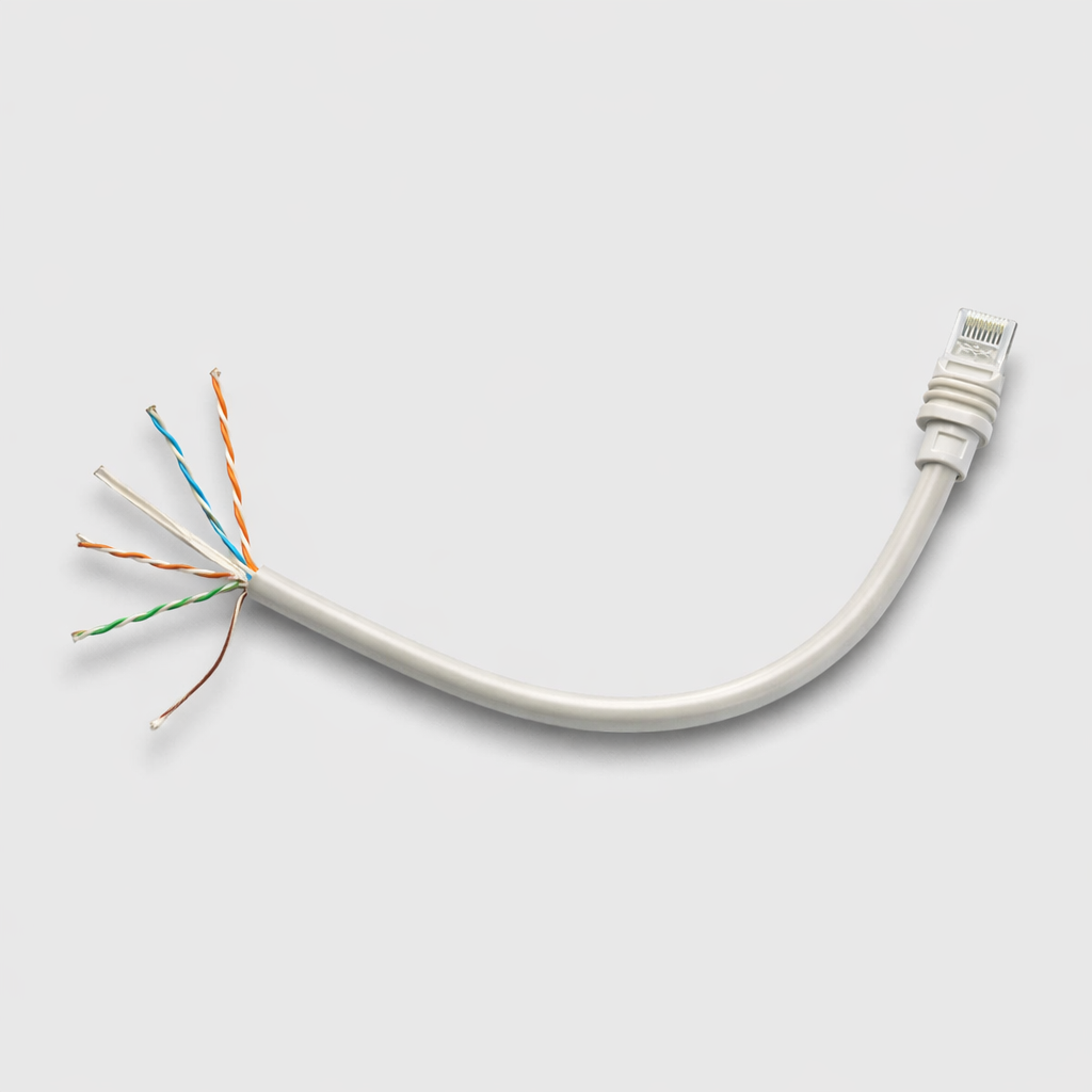 Stripped end of Spacetek Starlink Gen 3 replacement cable, 24AWG CAT6a, showing internal twisted pairs and RJ45 connector