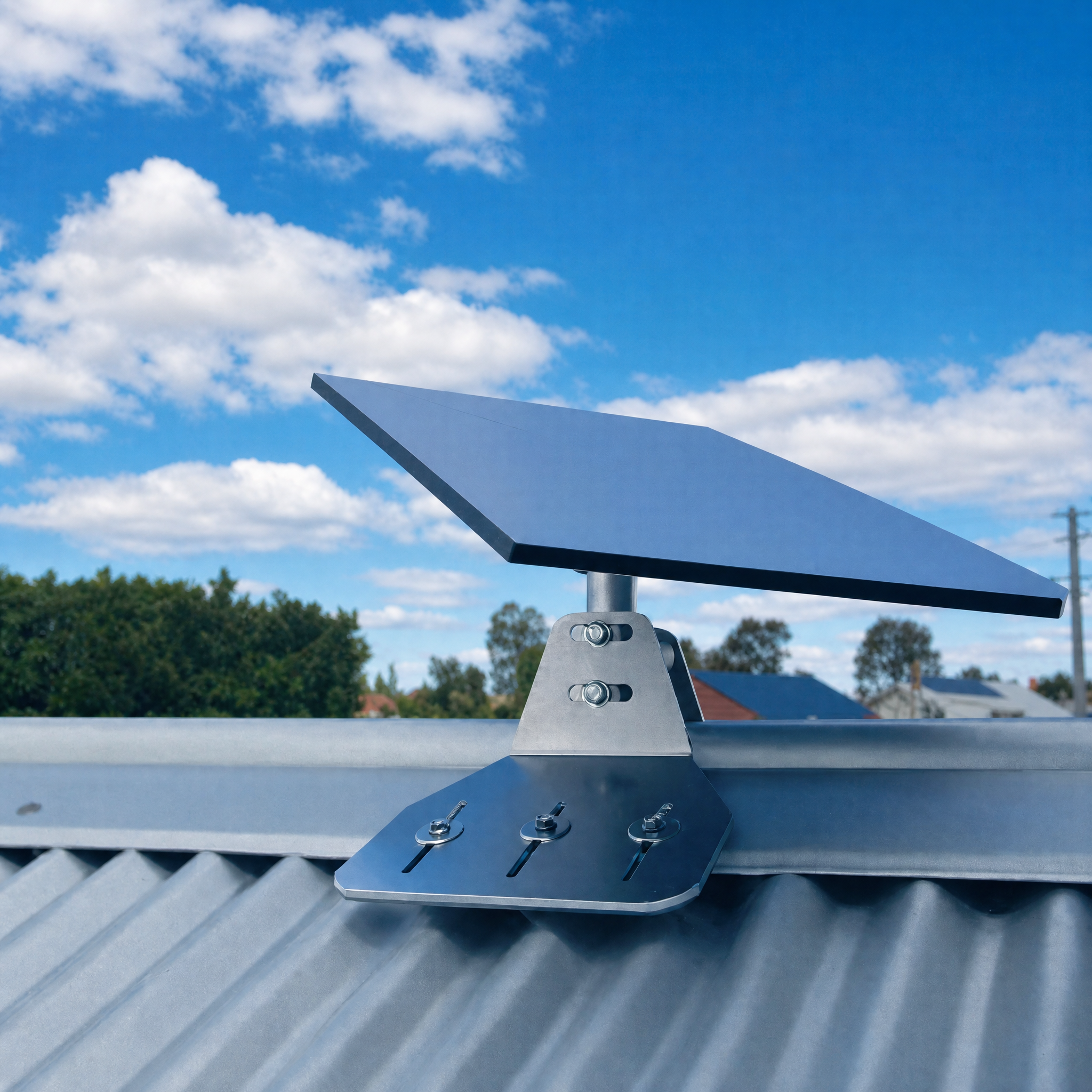 Starlink Gen 3 dish installed using Spacetek ridge mount kit on a corrugated roof, angled for optimal signal with clean metal finish and secure bolt alignment under bright sky.