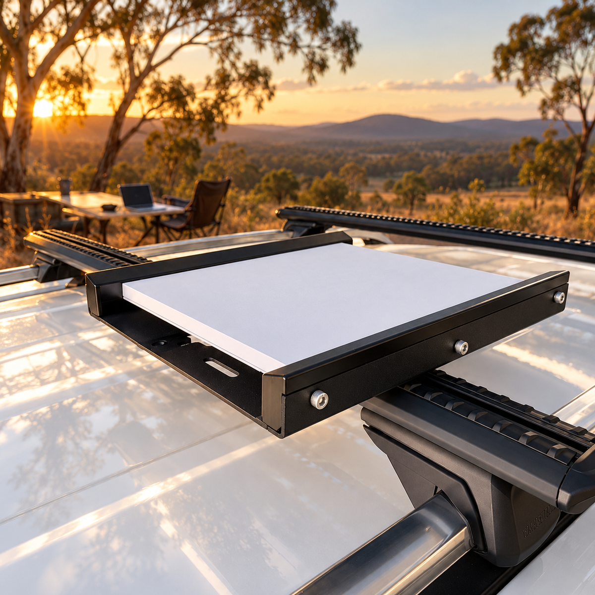 Spacetek black aluminium Starlink Mini in-motion mount installed on a 4WD roof rack, featuring a low-profile design for Starlink satellite internet while travelling across Australia.