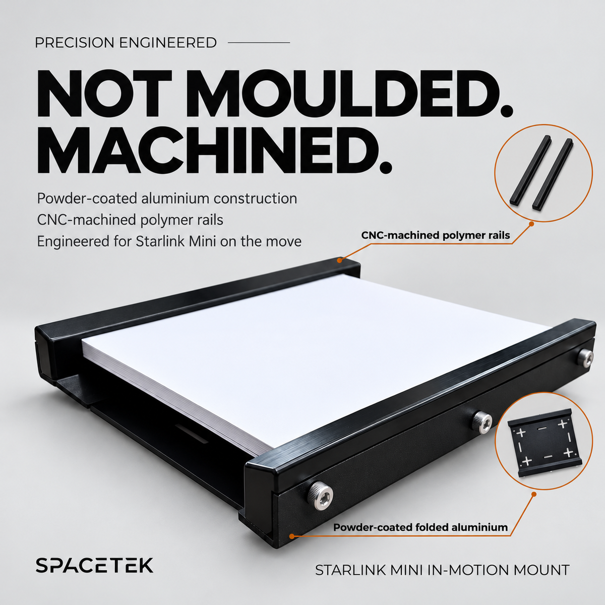 Spacetek Starlink Mini in-motion mount diagram highlighting powder-coated aluminium construction and CNC-machined polymer rails.