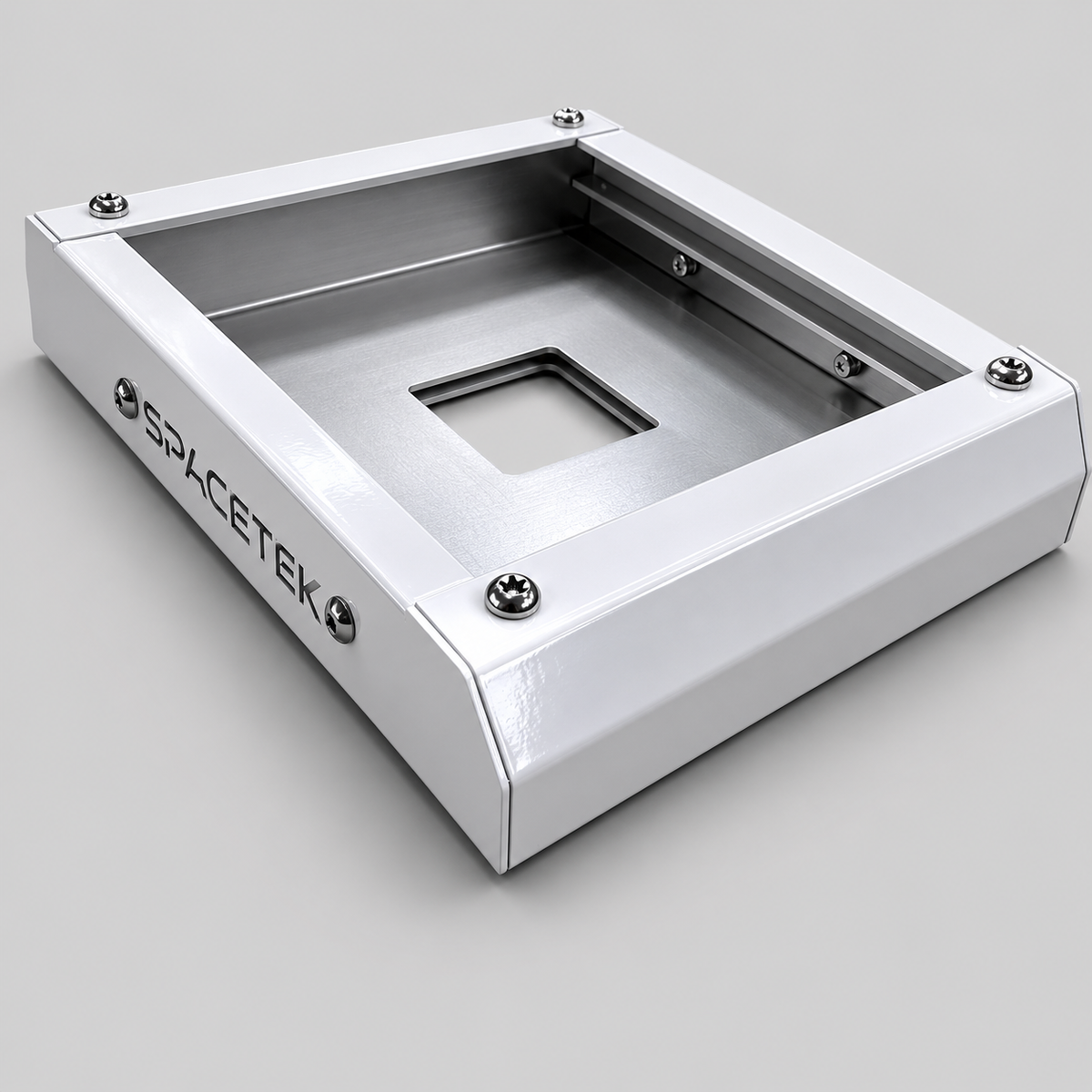 Angled right view of white Spacetek Starlink Mini Stealth Mount open aluminium enclosure