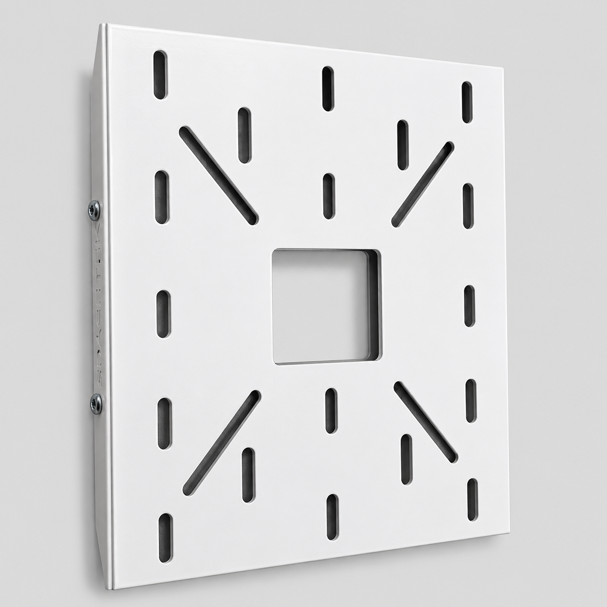 White Spacetek Starlink Mini Stealth Mount front angled view with slotted aluminium mounting plate and central cutout