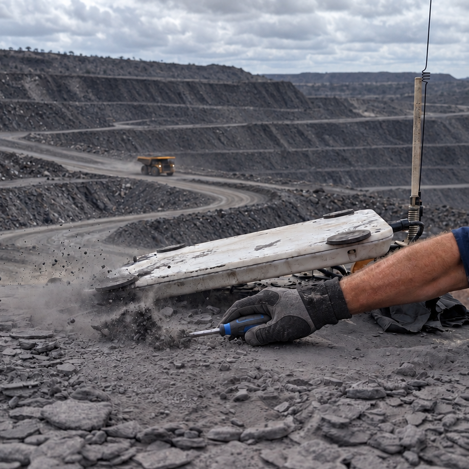 Dust-covered Spacetek Starlink V-Cell IP68 rugged housing magnetically mounted on a mining vehicle, with a worker scraping away dust at an open-cut mine.